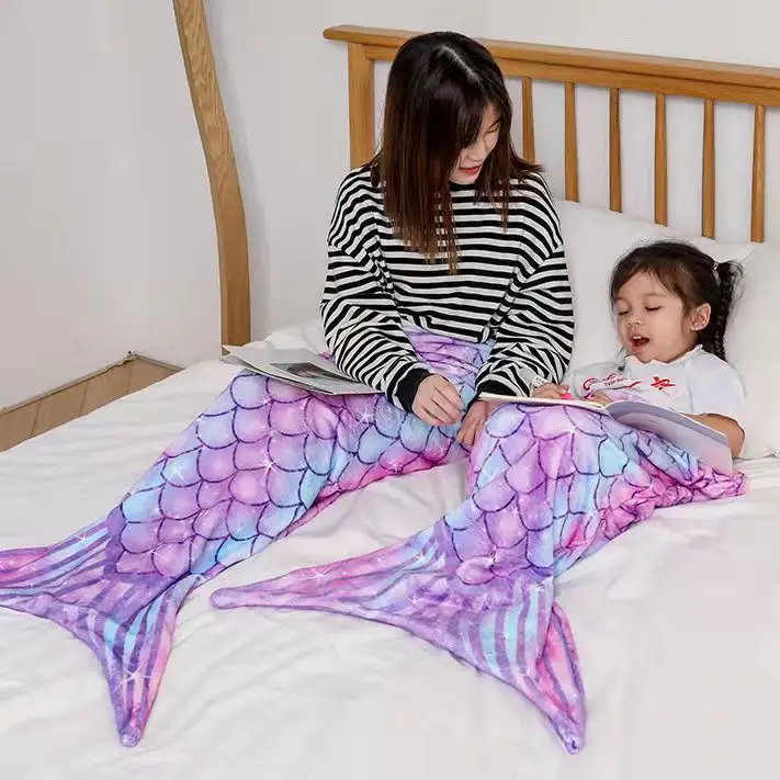 Children Soft Flannel Mermaid Tail Blanket Plush Mermaid Wearable Blanket for Girls Teens Adults Mermaid Scale Sleeping Blankets