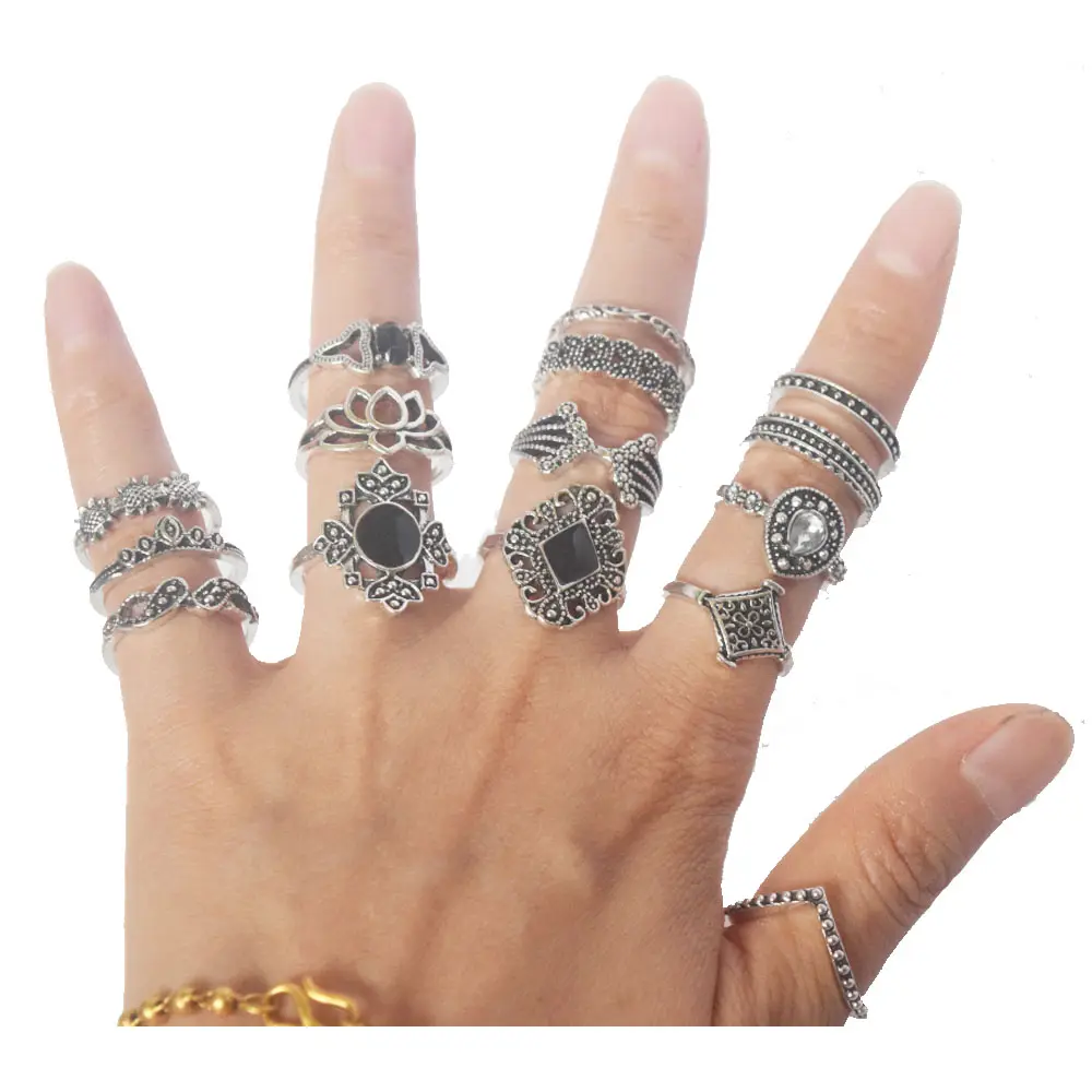 Модные Винтажные Древний серебряный цвет кольцо на несколько пальцев кольца ювелирные изделия из жемчуга для женщин комплекты для всех пальцев для женщин комплект ювелирных изделий