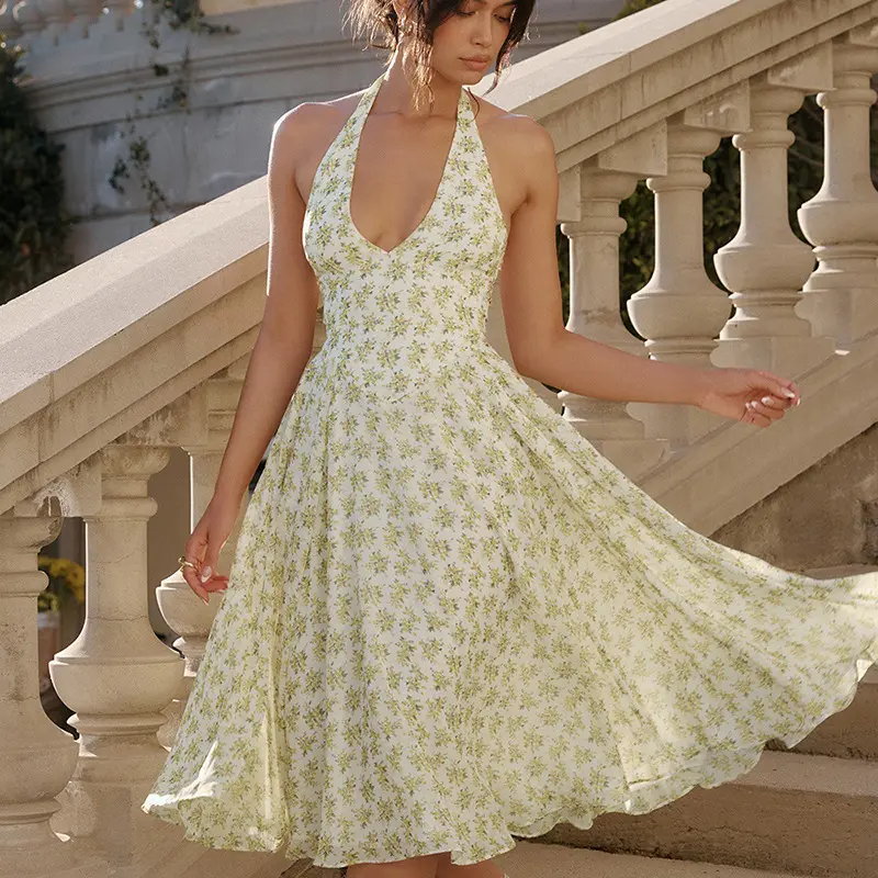 Lygens 5704 abiti da donna eleganti senza schienale con stampa floreale abiti Casual da sera per le vacanze estive
