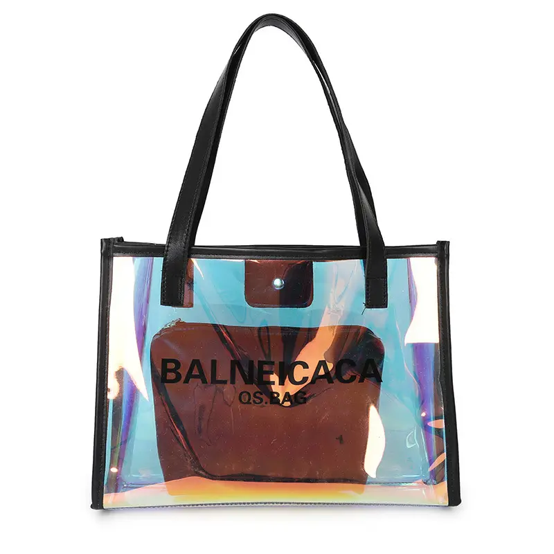 थोक पारदर्शी अनुकूलित शॉपिंग बैग बड़ी क्षमता जेली लेजर ढोना बैग निविड़ अंधकार गर्मियों में समुद्र तट पीवीसी हैंडबैग