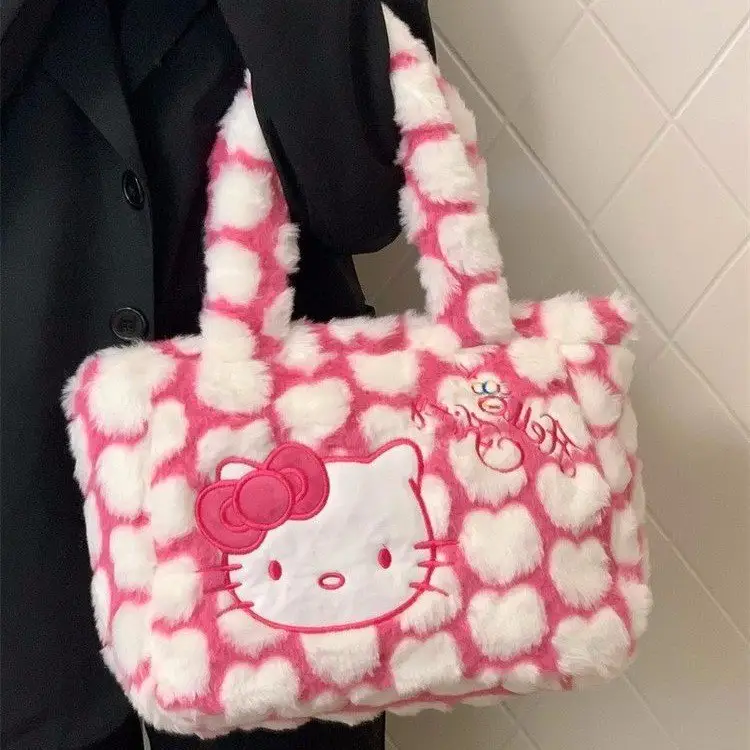 Bolso de un hombro de gato KT de peluche de dibujos animados y Anime, bolso esponjoso OL, bolso de hombro versátil, bolso de mano japonés dulce y bonito gatito