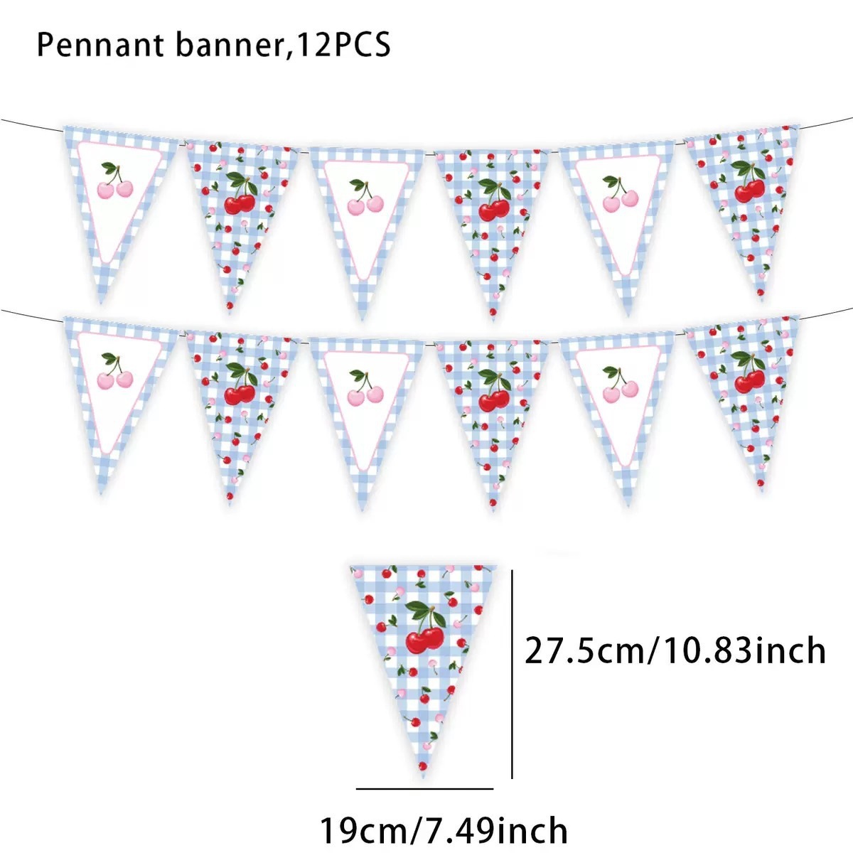 12 banderines triangulares a cuadros con temática de cerezas.
