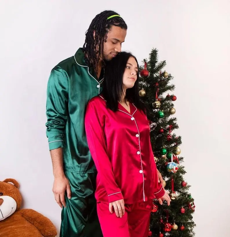 Adults Kids Baby Christmas Pijamas Long Sleeve Silk Red And Green Cozy Men Women Solid Matte Satin Pajamas