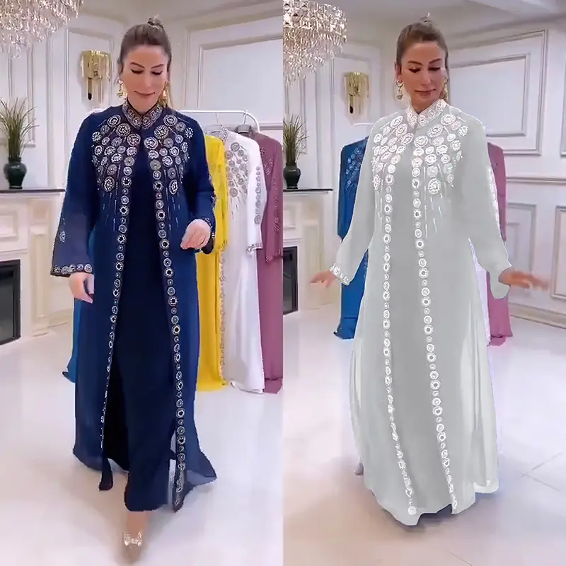 Femme Broderie Florale Ceinturée Caftan Marocain Fête Arabe Robe Femme Split Manches Longues Ramadan Eid Musulman Abaya Deux Pièces