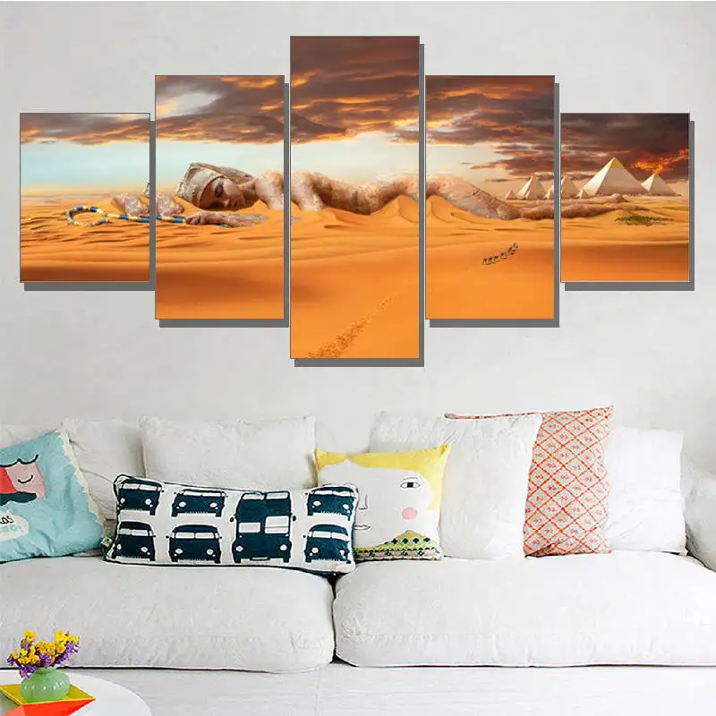 Immagini di arte della parete Decor soggiorno Poster 5 pezzi piramidi egiziane pittura su tela tramonto deserto dea HD stampato