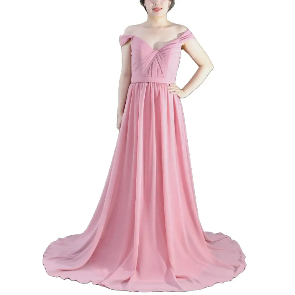 Vestido de noite de dama de honra rosa fofo e doce de um ombro sem costas pérola chiffon vestido de baile para clube de coquetel
