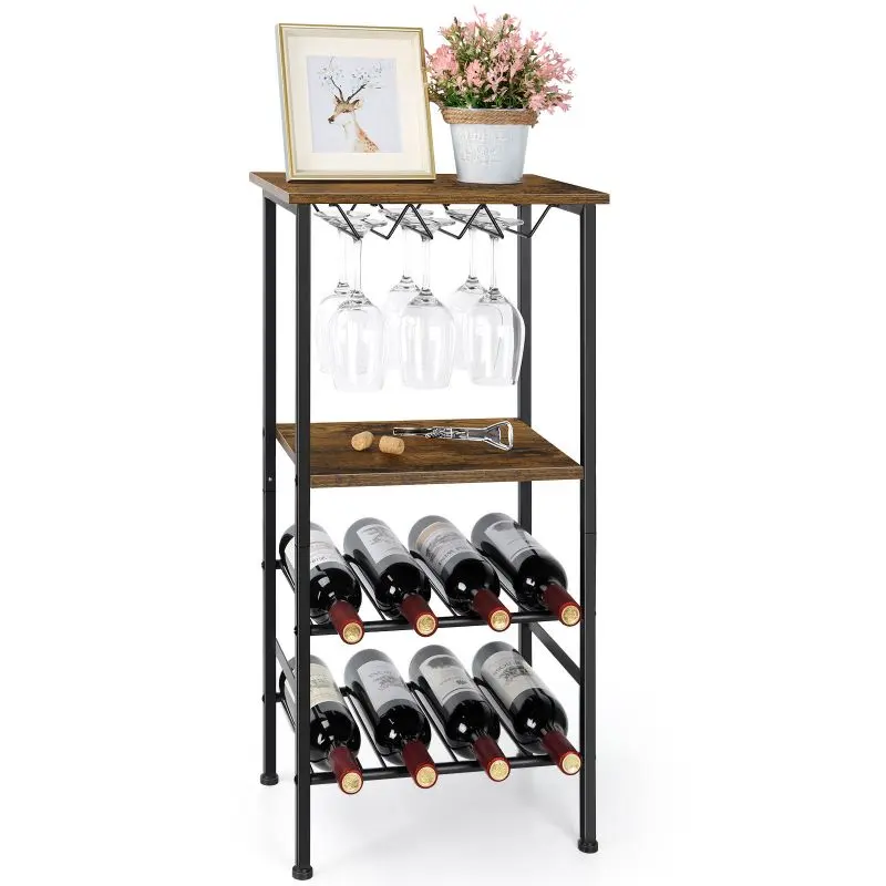 Şarap rafı masa bağlantısız zemin ahşap raflar ile şarap şişeleri depolama, yemek odası için endüstriyel küçük şarap ekran standı