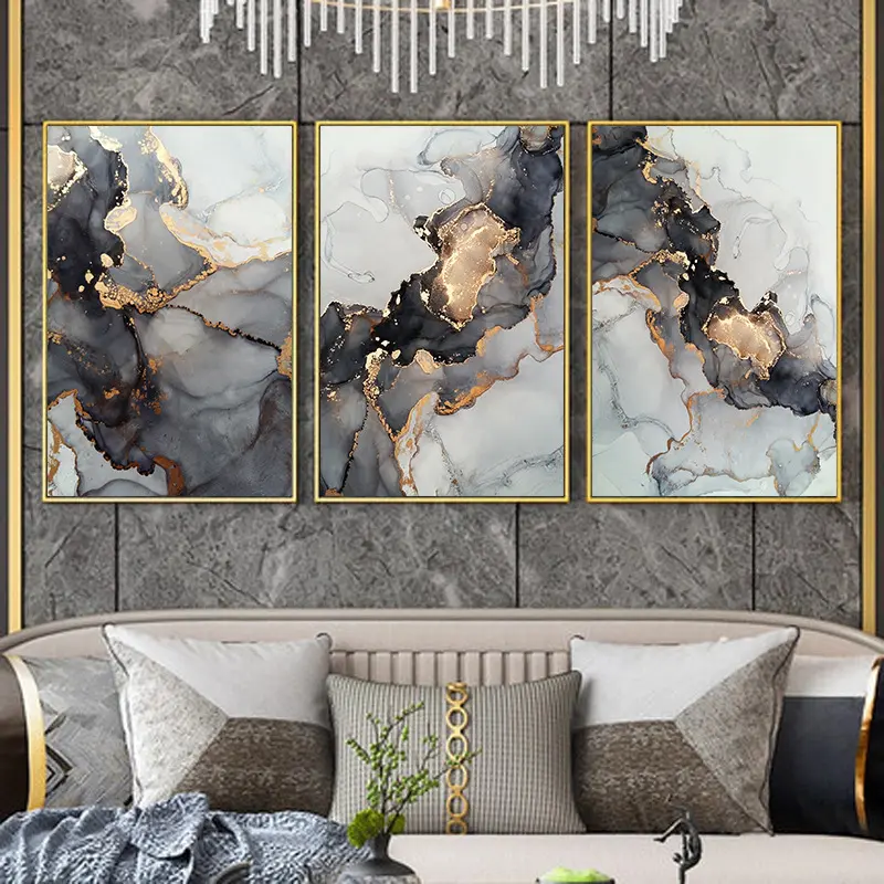 モダンな抽象的なブラックゴールド大理石の絵画ファインアートキャンバスプリントリビングルームの豪華な壁の芸術の装飾のための写真