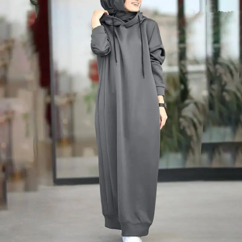 Donne musulmane tinta unita felpe con cappuccio donna manica lunga Abaya Dubai maglione felpa abiti semplice camicia calda da donna abiti con cappuccio