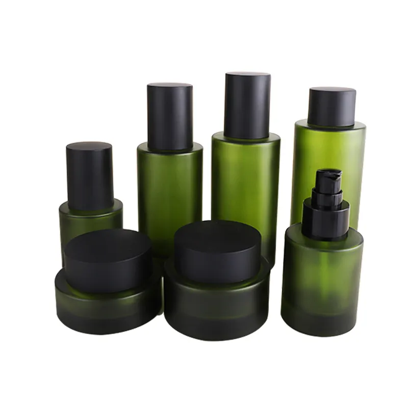 Commercio all'ingrosso verde smerigliato olio essenziale toner pompa spray bottiglie di vetro barattolo cosmetico coperchio nero 30g 50g 3050 ml100ml120ml