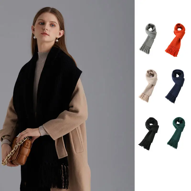 Bufanda gruesa de aguja gruesa de lana pura para mujer, bufanda de lana con borla a mano y logotipo bordado de punto cálido para invierno