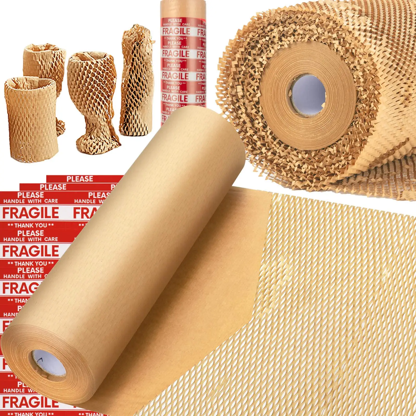 Materiales de embalaje biodegradables ecológicos Rollo de envoltura marrón Papel de panal Kraft Embalaje de regalo