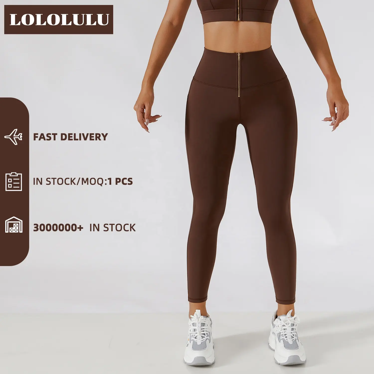 MOQ 1 Celana Yoga Ritsleting Depan Pinggang Tinggi Elastis Peach Butt Lift Gym Legging untuk Wanita