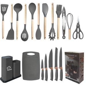 Manjia <span class=keywords><strong>2025</strong></span> Mới Nhất 19-Mảnh Thiết Lập Các Silica Gel Nhà Bếp Đồ Dùng Thiết Lập Với Tay Cầm Bằng Gỗ Và Cắt Hội Đồng Quản Trị Lưu Trữ Xô 5 Dao - Product Image 4