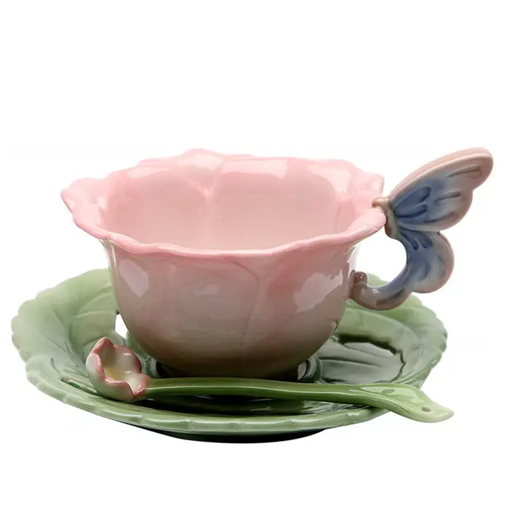 Taza de cerámica con diseño de la flor de cerámica Rosa taza y platillo conjunto de 2