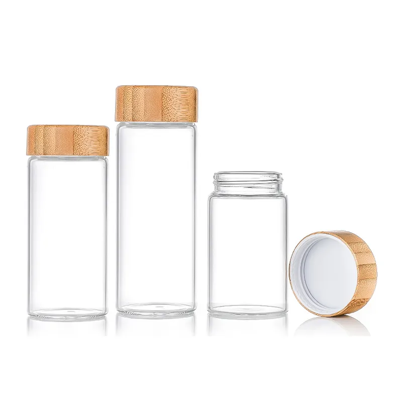 Contenedores de vidrio de borosilicato, tarro de especias de vidrio y botella con tapa de bambú, venta al por mayor
