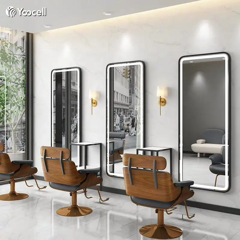 Yoocell Factory Price Classic High Gloss Hair Salon Mirror Station Black Wall Mount LED Light Salon Mirror