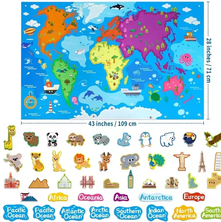 Set papan kain tebal peta dunia, tikar bermain pendidikan prasekolah dengan pemandangan terkenal mainan menyenangkan untuk anak-anak