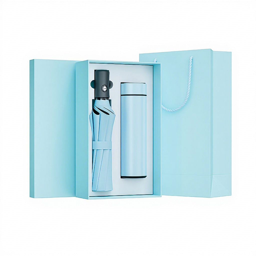 Bouteille isotherme bleu ciel avec couvercle et parapluie automatique.