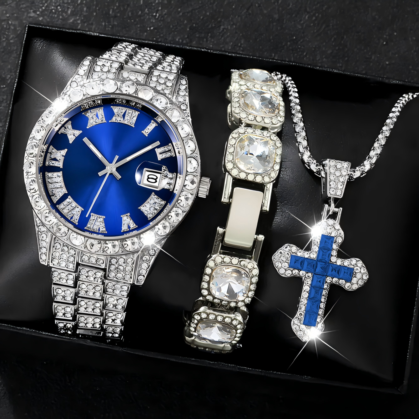 Silver blue watch + silver white bracelet + silver blue necklace
