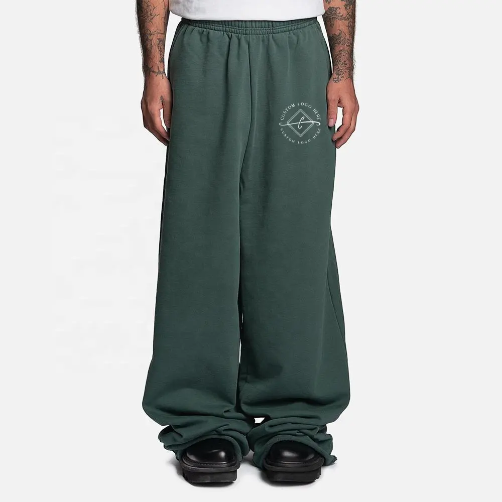 Thick Hip Hop Pants Heavyweight Sweat Pants Wide Leg Sweatpants Print Custom Logo Raw Hem 100% Cotton Men No Drawstring