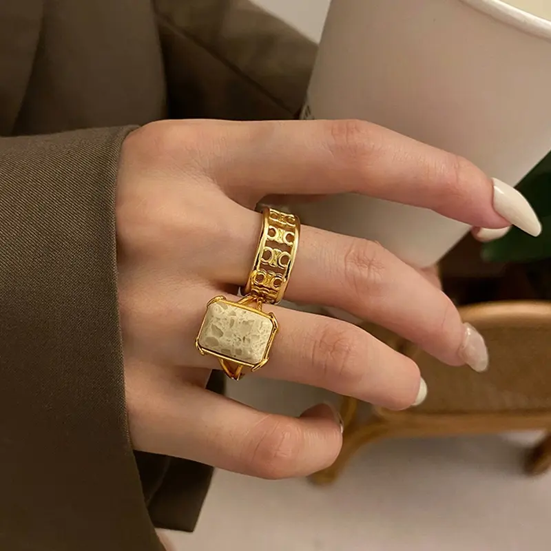 Anello quadrato geometrico di moda dichiarazione di marmo grande pietra ottone placcato oro reale anello aperto gioielli da donna
