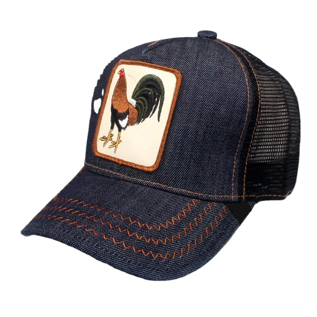 Động Vật Thêu Vintage Wash Denim Lưới Trucker Cap Hat Điều Chỉnh Snapback Đóng Mũ Bóng Chày