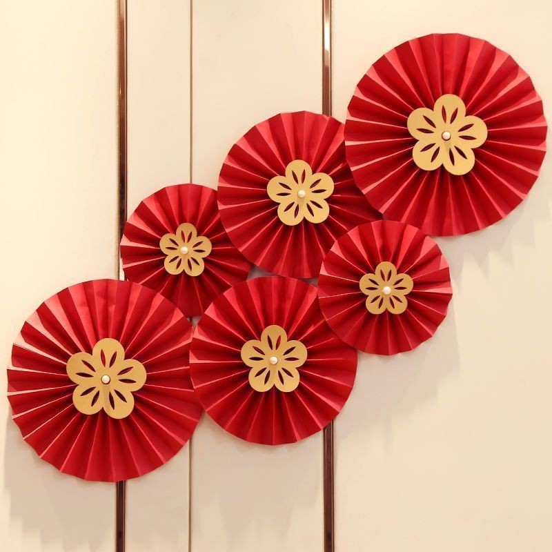 Red Golden lotus paper fan 6 pack