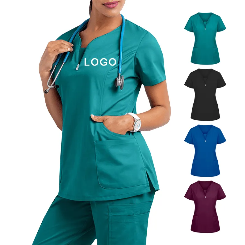 Uniforme médical d'infirmière personnalisé 4 voies, ensembles de gommes à col en V Anti-rides pour femmes avec fermeture éclair, uniformes d'hôpital