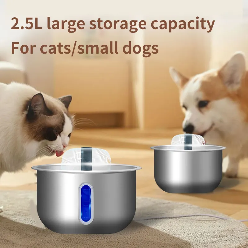 2.5L büyük kapasiteli 304 paslanmaz çelik dolaşan filtre kedi köpek su besleyici pet su sebili