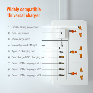 Extension Power <strong>Socket</strong> 3 Universal Outlets 5 <strong>USB</strong> Ports <strong>with</strong> Master Switch <strong>Multi</strong> <strong>Socket</strong> Extension Cord for Home Use