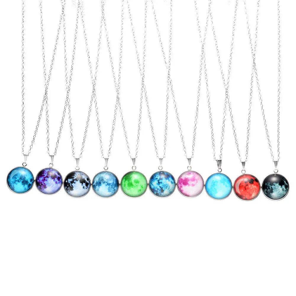 Glow In The Dark Moon Necklace 18mm Galaxy Planet Glass Pendant Necklace Luminous Jewelry Women Gifts