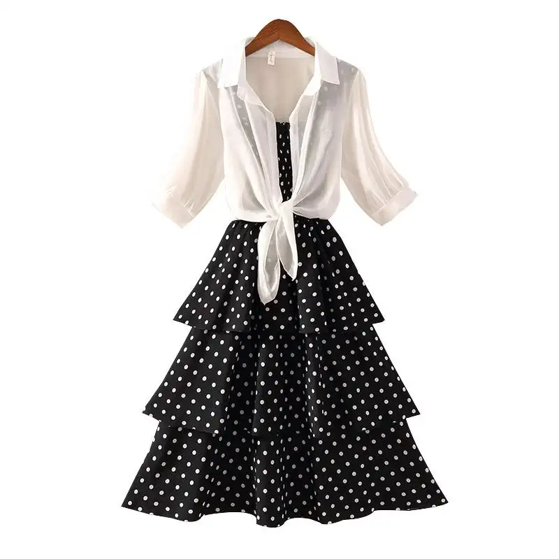 Women Summer Dress Polka Dot Chiffon Sleeveless Beach Midi Casual Dress Fashion Plus Size S-3XL Dress With Chiffon Small Shawl