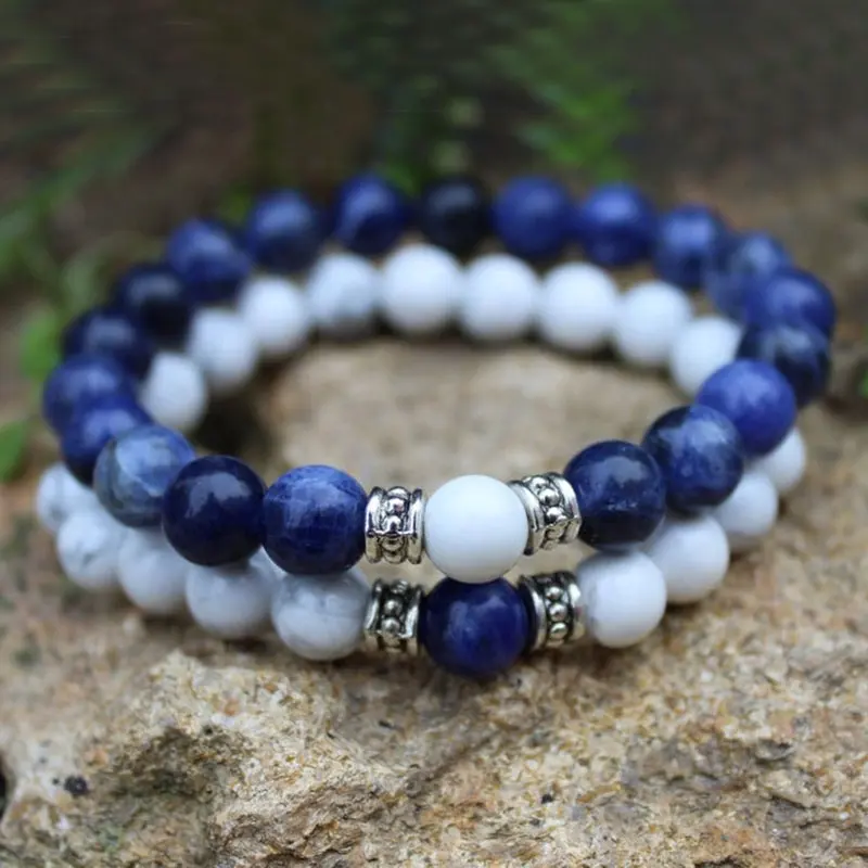 SN1778 Conjunto De 2 Pulseiras Sodalita & Howlite 8mm Beads Mala Bracelet Gift Couples His & Her Pulseira