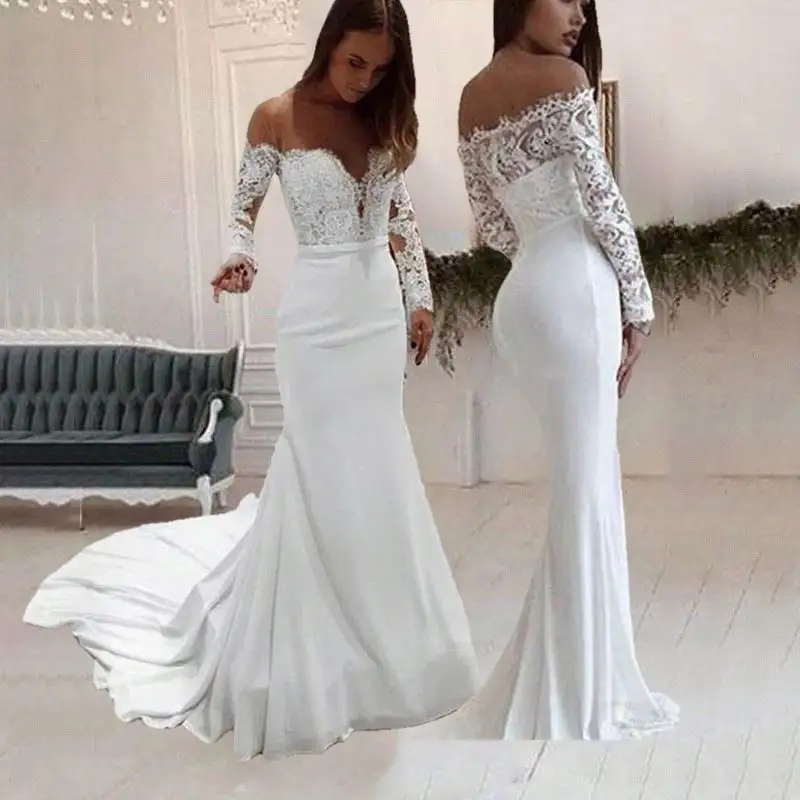RM1169 وصول جديد السيدات الكتف الدانتيل فستان الزفاف طويلة الاجتياح طول الكلمة فساتين الزفاف