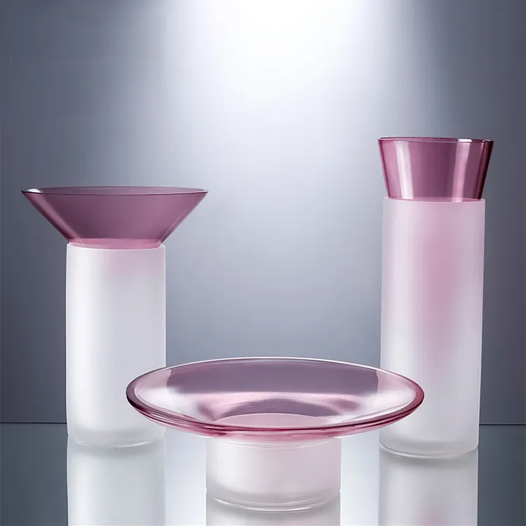 Wholesale Nordic Style Decorative Handmade Double Matte Pink Vase Glass Cylinder Vases