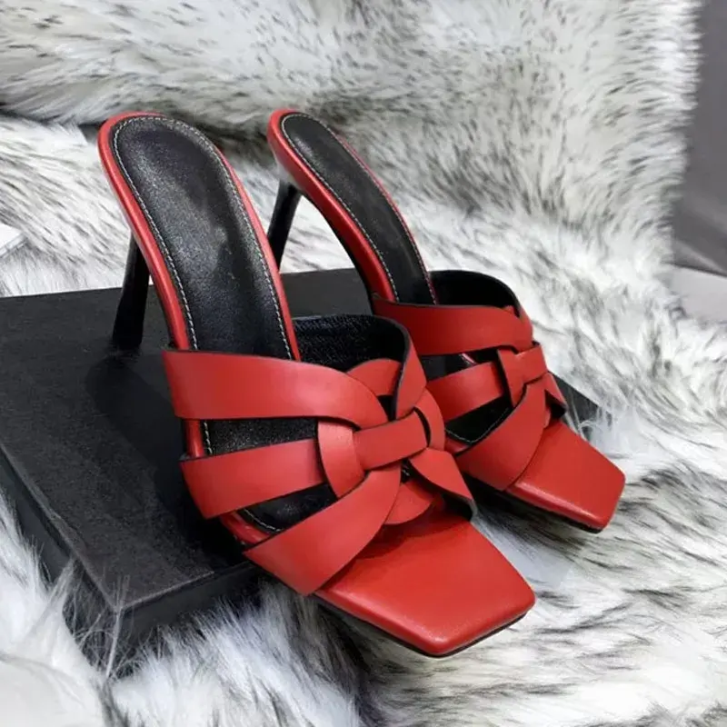 Chic Design Mules Chinelos Mulher Toe Aberto Macio Real Couro Weave Sapatos De Salto Alto Lady Sexy Sandálias Gladiador