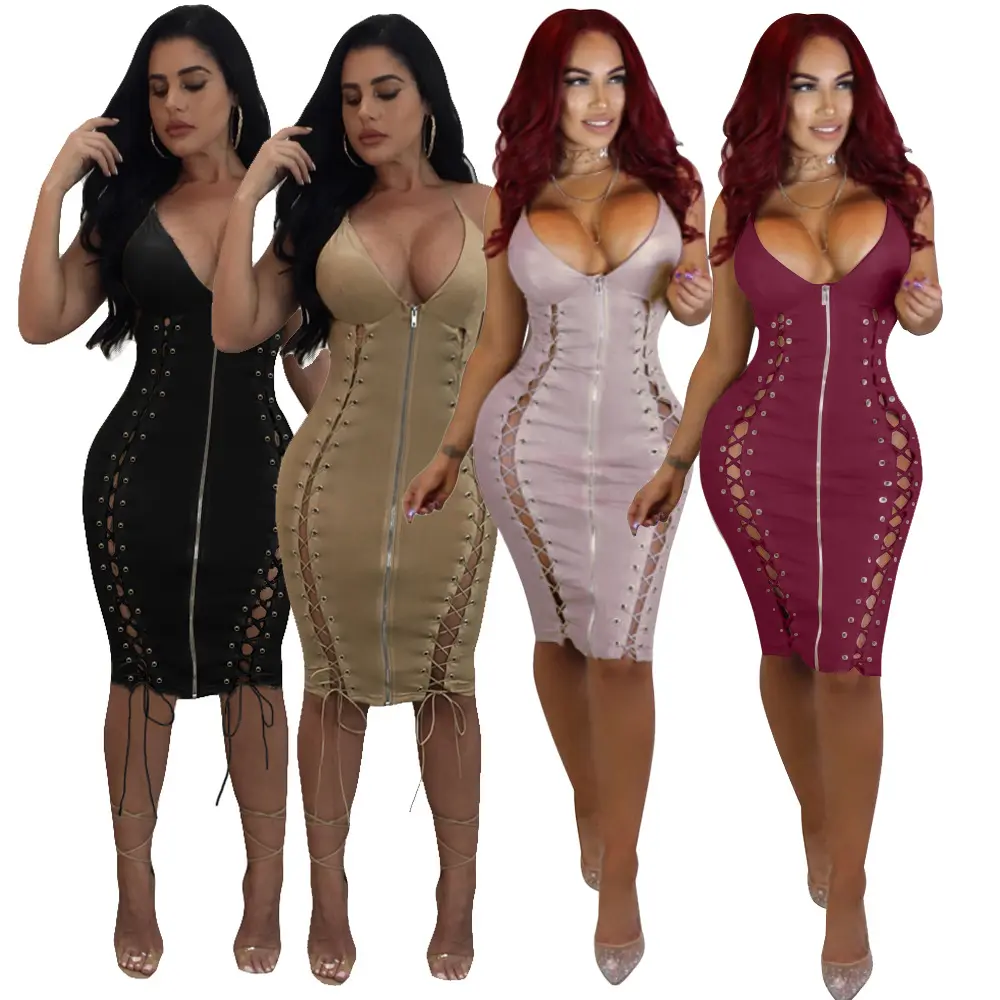 OEM ODM Großhandel New Fashion India Schnür reiß verschluss Bodycon Kleid Midi Kleider Party kleid für Frauen