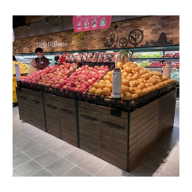 Großhandel benutzer definierte Holz und Stahl Gemüse Obst Display Stand Regal für Mini-Markt Store