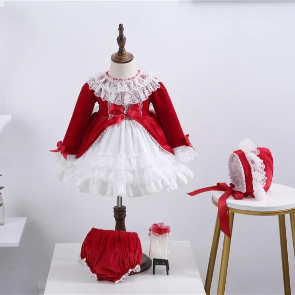 Vestido de terciopelo rojo para niña, traje Original de princesa Lolita española para fiesta de cumpleaños, traje para niños