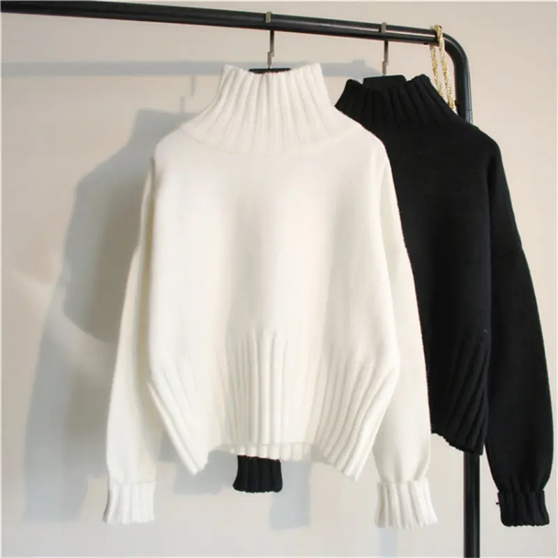Женский трикотажный свитер-водолазка, белый мягкий пуловер свободного размера, Осень-зима 2021