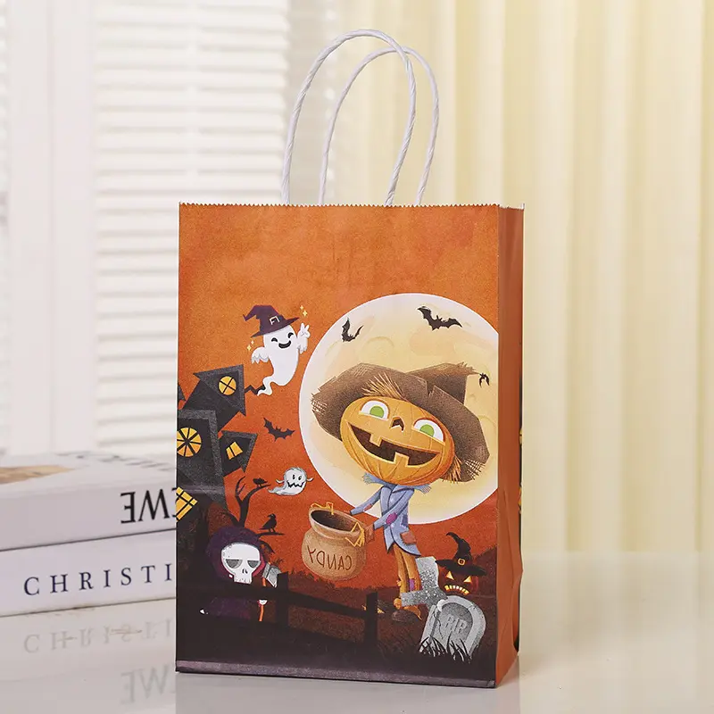 Bolsas de regalo para fiesta de Halloween con logotipo personalizado, bolsas decorativas de Papel kraft para envolver dulces, bolsas de papel para envolver regalos de Navidad