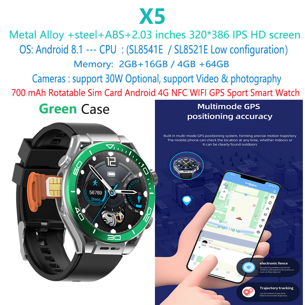montre-intelligente-vert-X5-android-carte-SIM-4G-5G