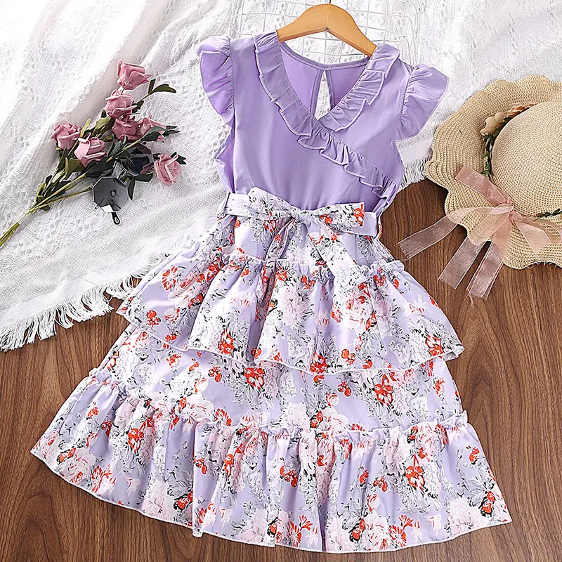 Children Clothing 2024 New Casual Teen Girl Dresses Ruffle V Neck Fly Sleeve Flower Princess Girls Summer Dress