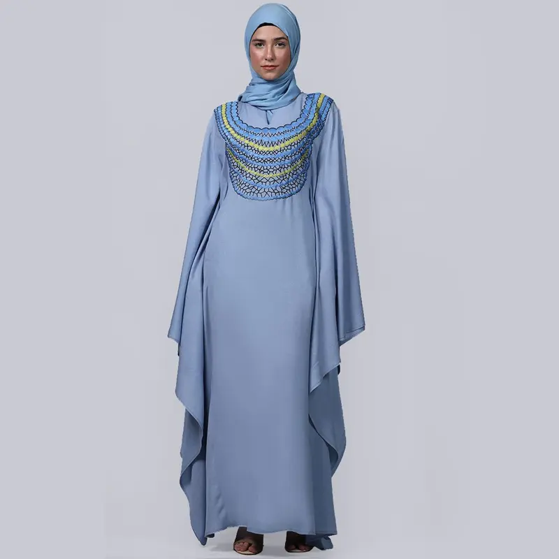 2022 abaya turco abito musulmano da donna ricamato musulmano manica lunga blu Hijab raso jilbab abaya abito musulmano