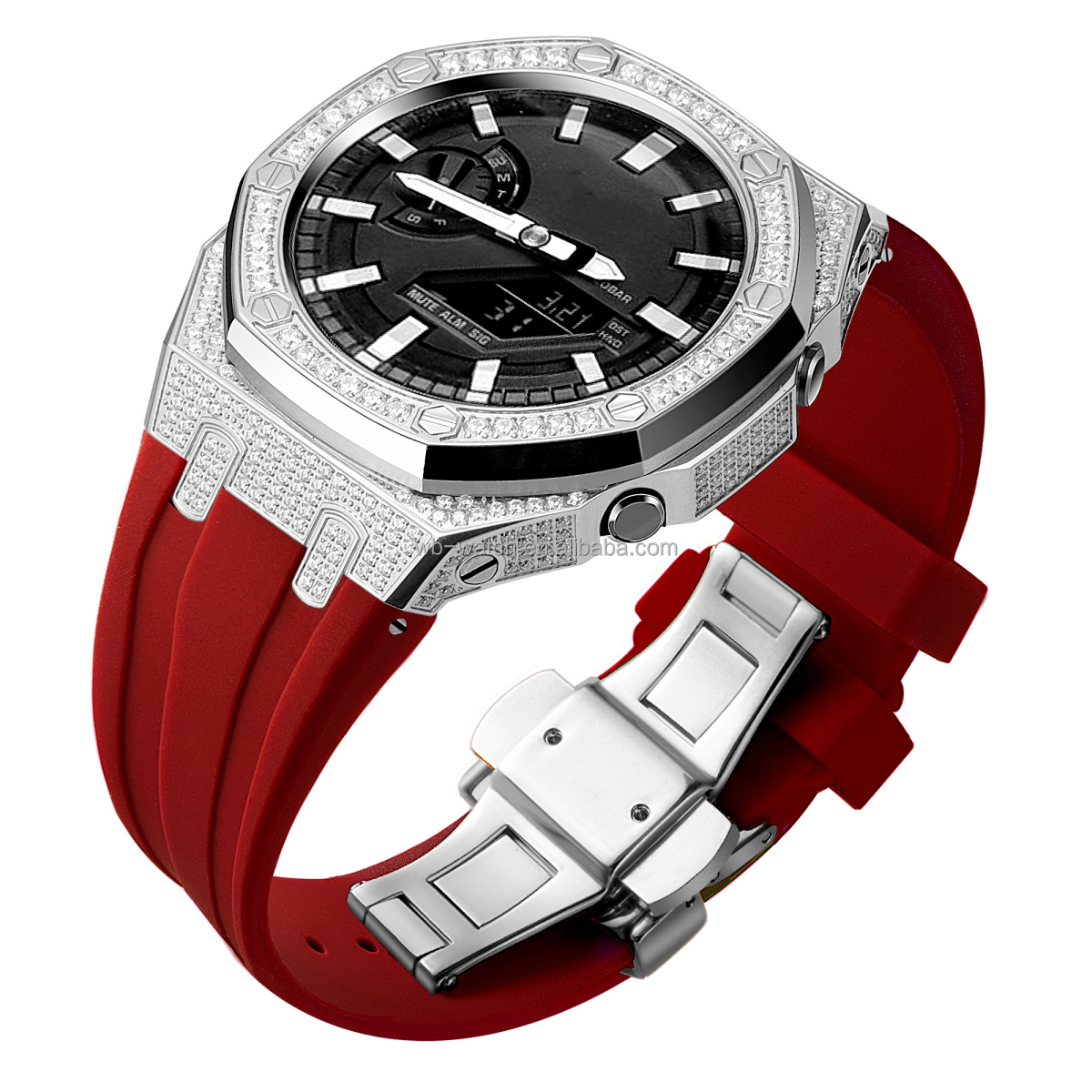 Diamond Set Silver Ring +Silver Case + Red Strap