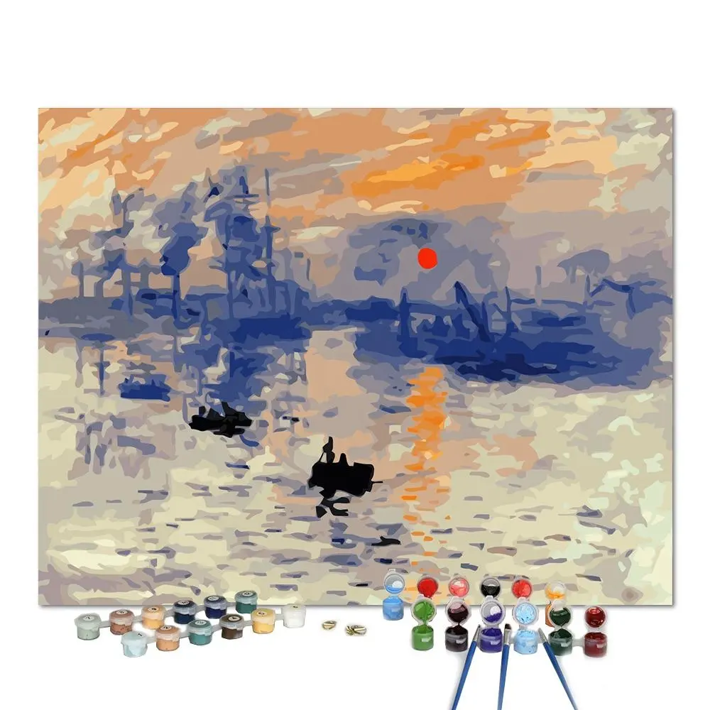 Cuadro digital enmarcado, pintura en lienzo, pintura DIY de Monet Sunrise por números con marco de Camilla