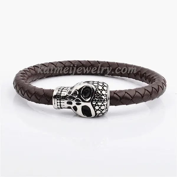 Nuovi prodotti di vendita caldi bracciale da uomo in pelle intrecciata da 8mm con bracciale Hiphop da uomo con chiusura magnetica con teschio