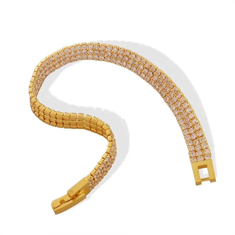 Delicato braccialetto di zirconi a tre file di lusso in acciaio inossidabile placcato oro reale 18 carati con pavé di zirconi cubici bracciali gioielli da donna
