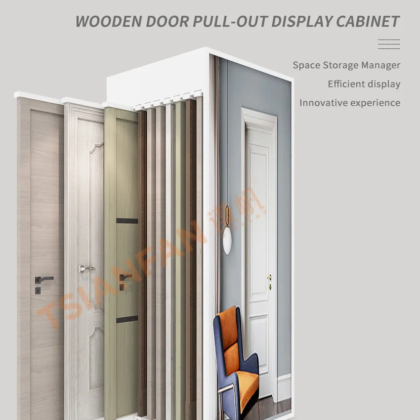 Tsianfan Factory Price Showroom Floor Sample Wooden Doors Pull-Out Displays Cabinet Sliding Metal Wood Door Display Stand Rack